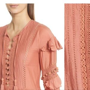 SEA NY Salmon Ruffle Pom Pom Dress Size 6 | Crochet Boho Tiered